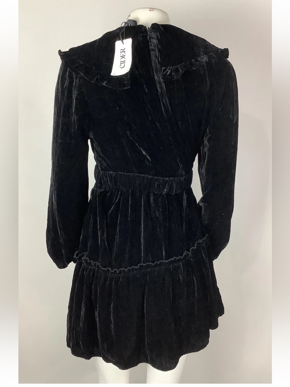 NWT Cider Sz L Velvet Belted Witchy Whimsy Goth Ruffle Tiered Dress Black - Picture 3 of 5